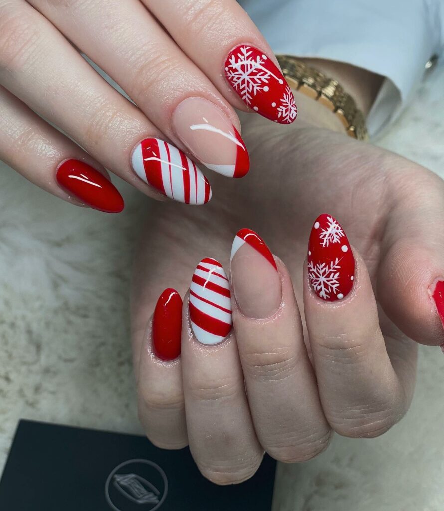 Classic red and white Snowflake winter nail art