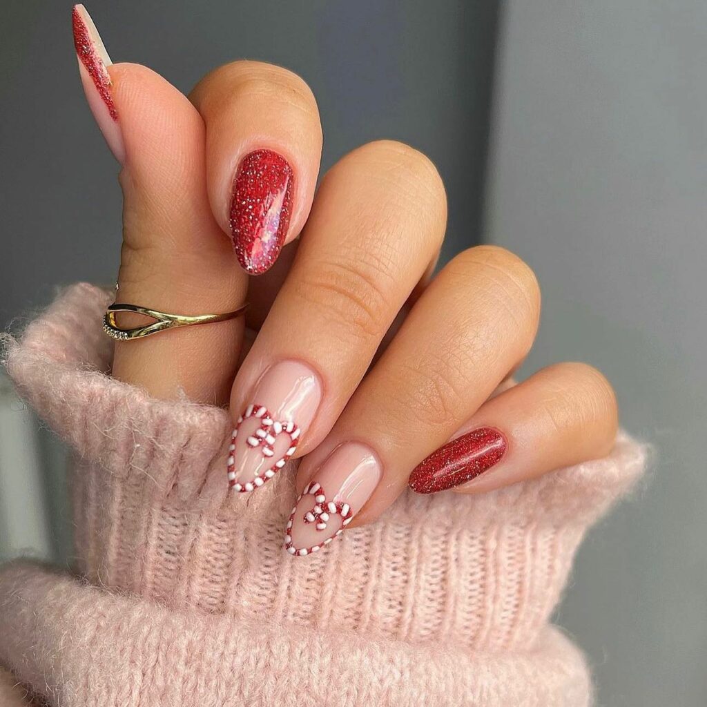 Cozy pink sweater and Christmas glitter nails art