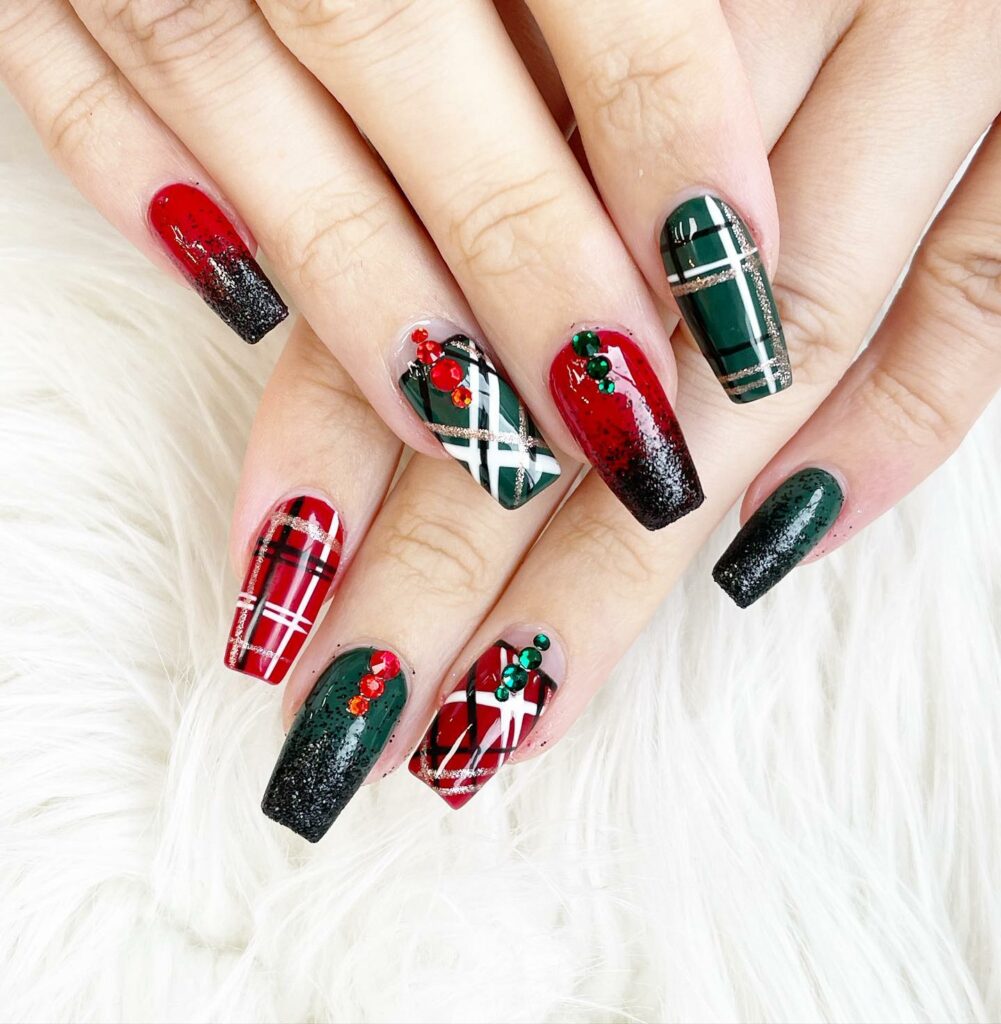 Each nail a miniature canvas showcasing intricate Christmas design in lush red and green