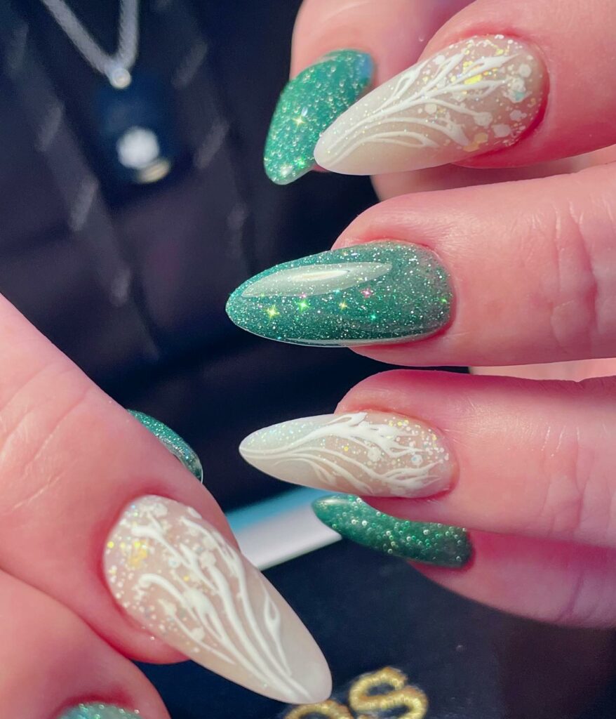 Emerald green sparkle with white marble Christmas nails