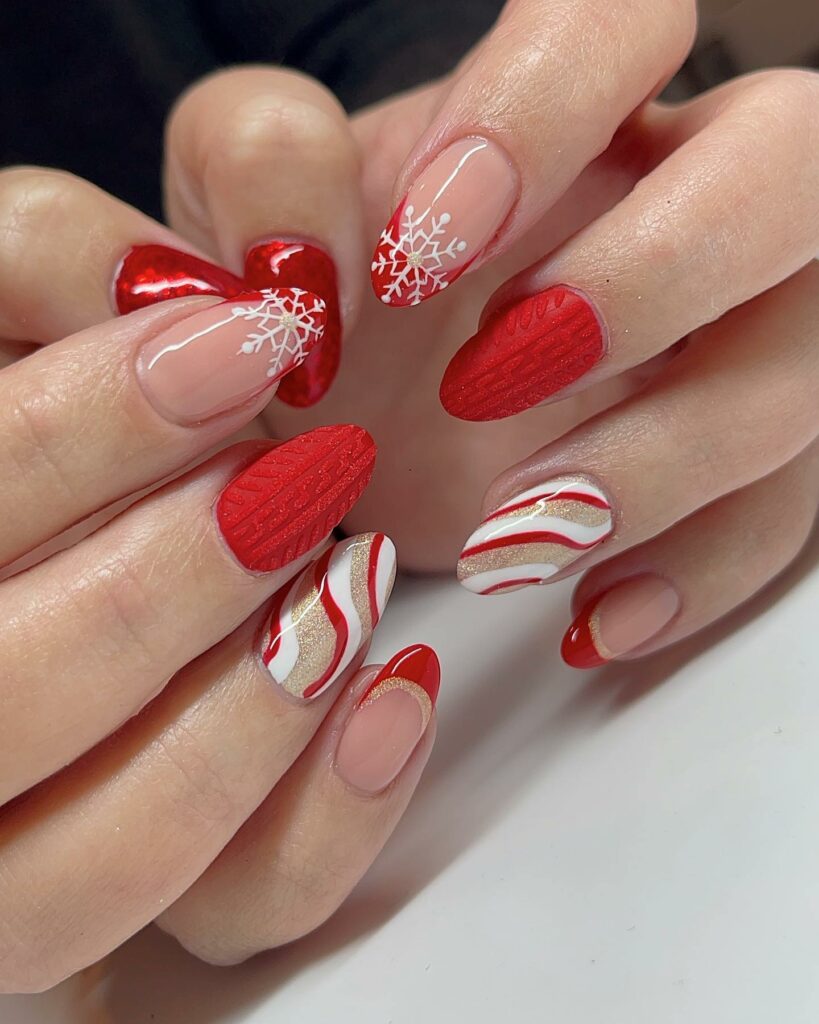 Festive scarlet red and white snowflake Christmas manicure