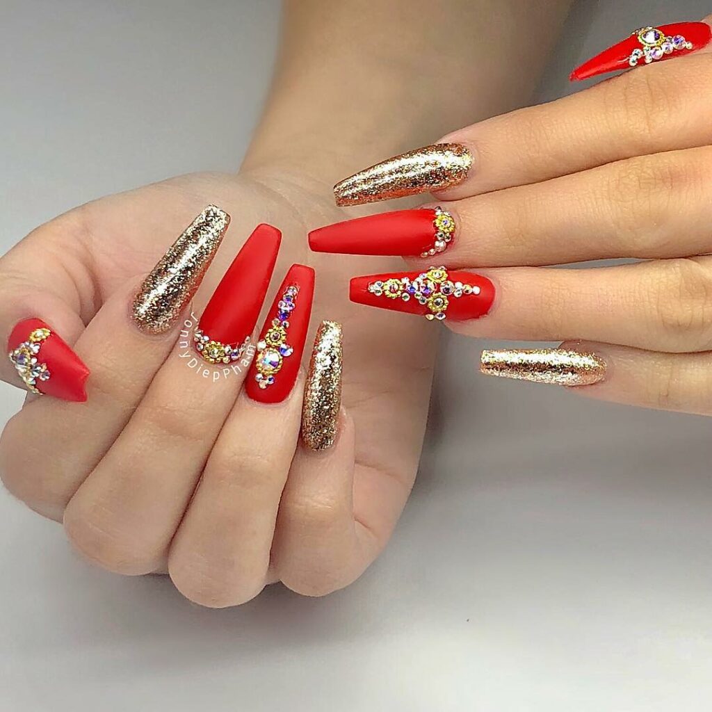 Glitter gala luxe red and gold dazzling Christmas nails
