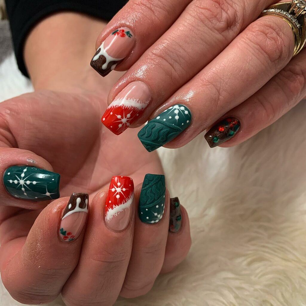 Glittering like snowflakes red and green polish glistens capturing the essence of Christmas joy