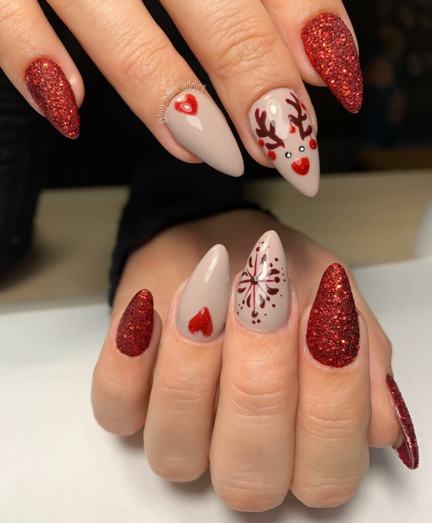 Glittering red and whimsical Christmas nail art