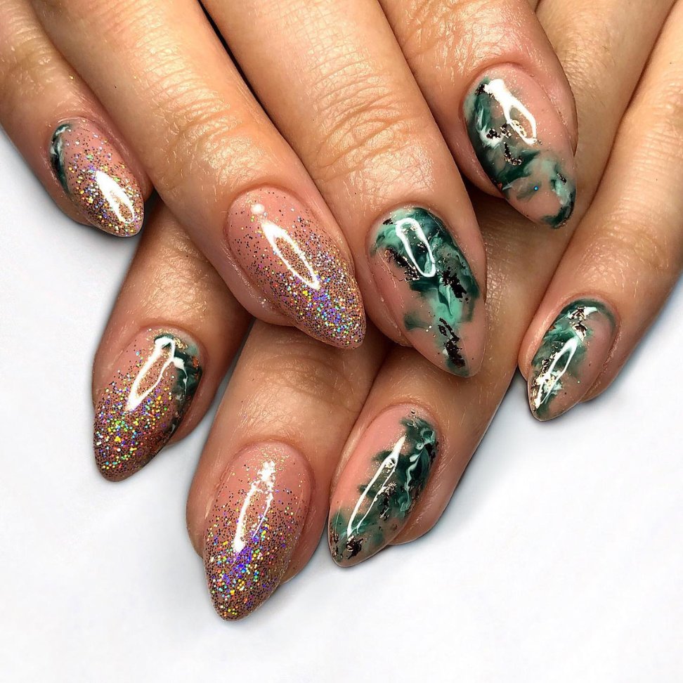 Glittering rose gold and emerald marble nail art