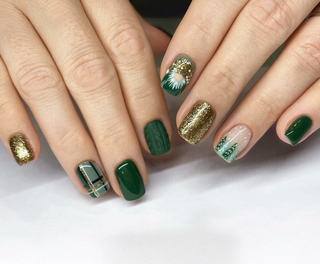 Golden glam and emerald festive mix nail art