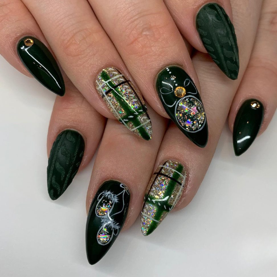 Luxe emerald green with glitter and baubles Christmas nails