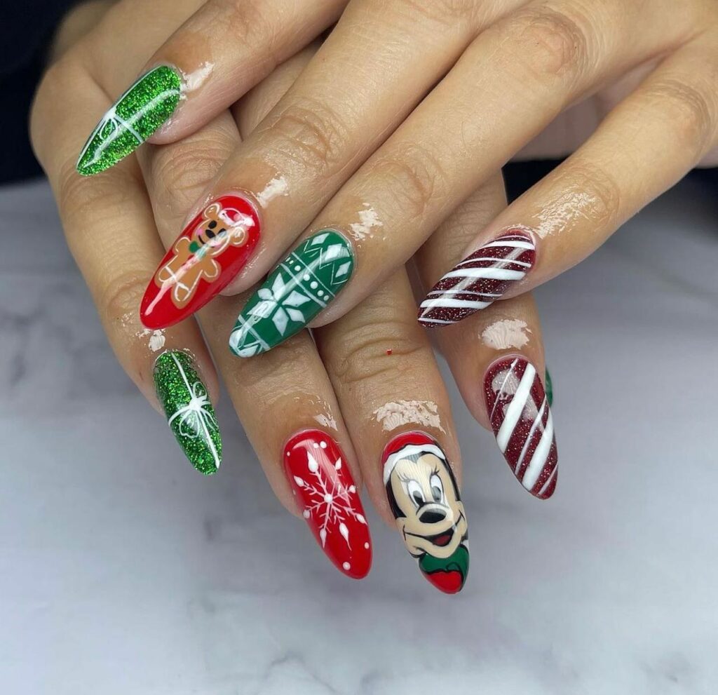 Nails are decked out in red and green to match the Christmas spirit of carols and parties