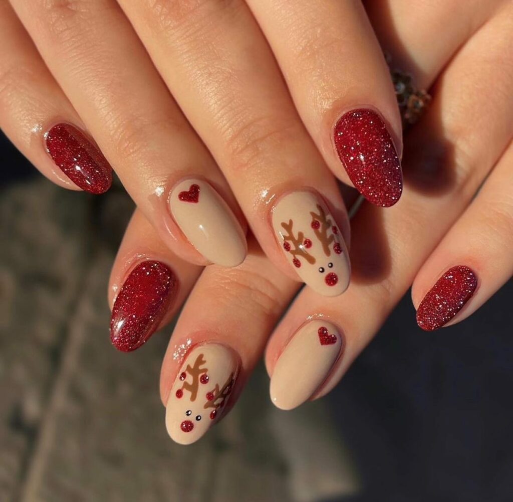 Romantic red glitter and love Christmas hearts nails art