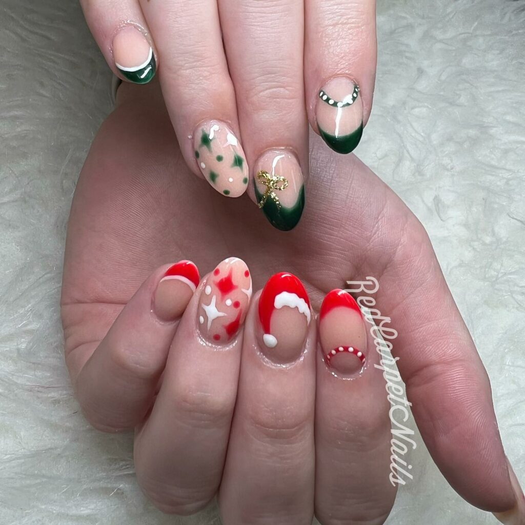 Santa's hat and golden bow design inspire a playful dance of red and green on dainty nails