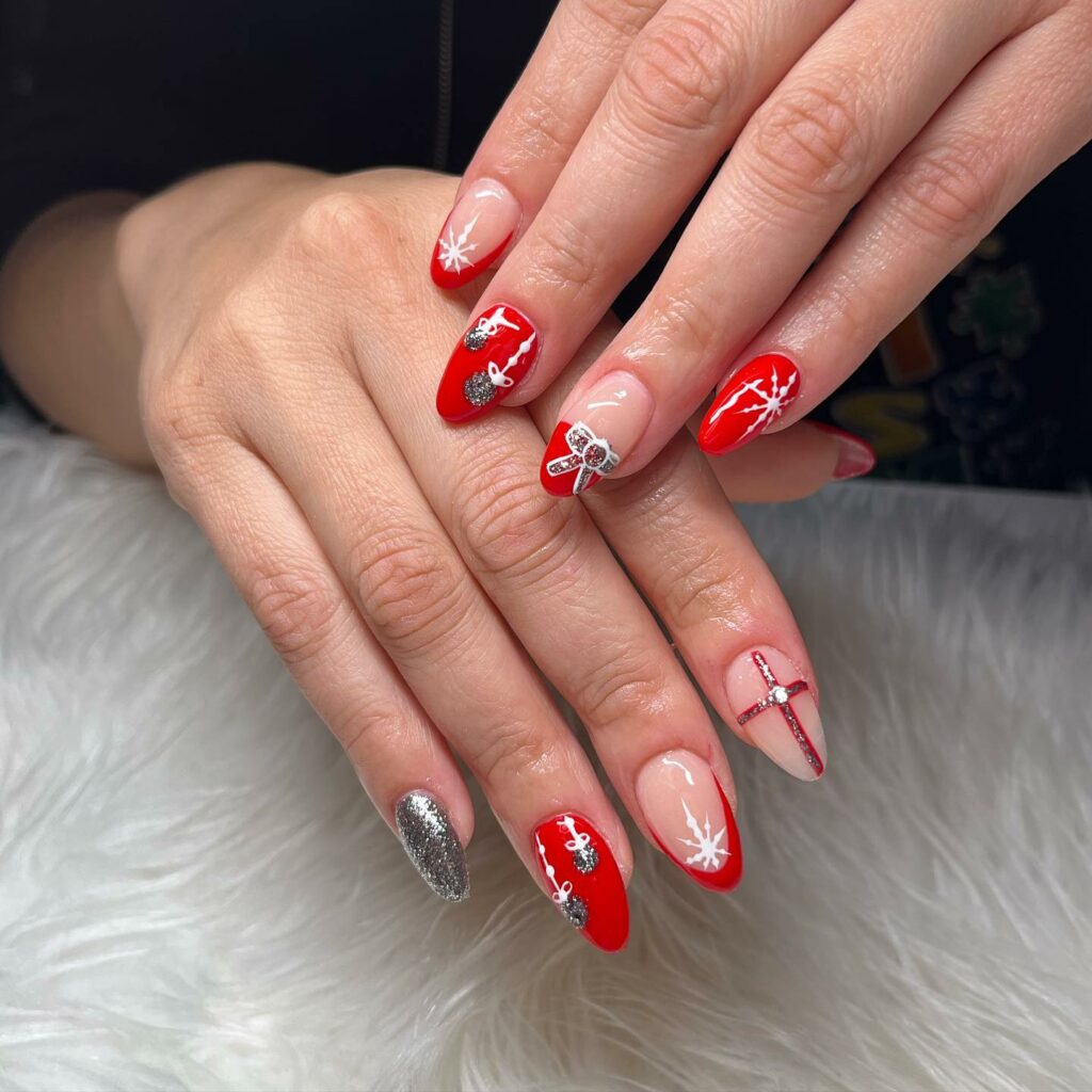 Sparkling red and silver holiday nail art