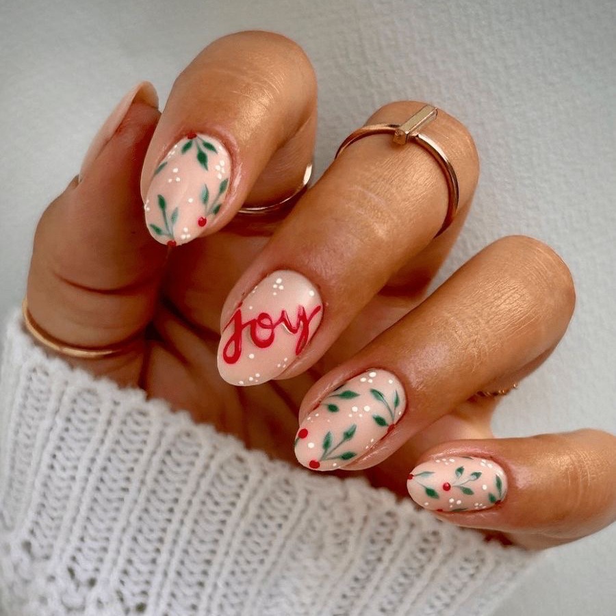 Sprigs of joy red and green Christmas nails ideas