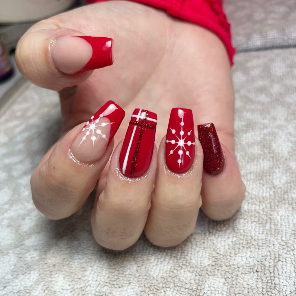 Velvet snowflake elegance Christmas red nails