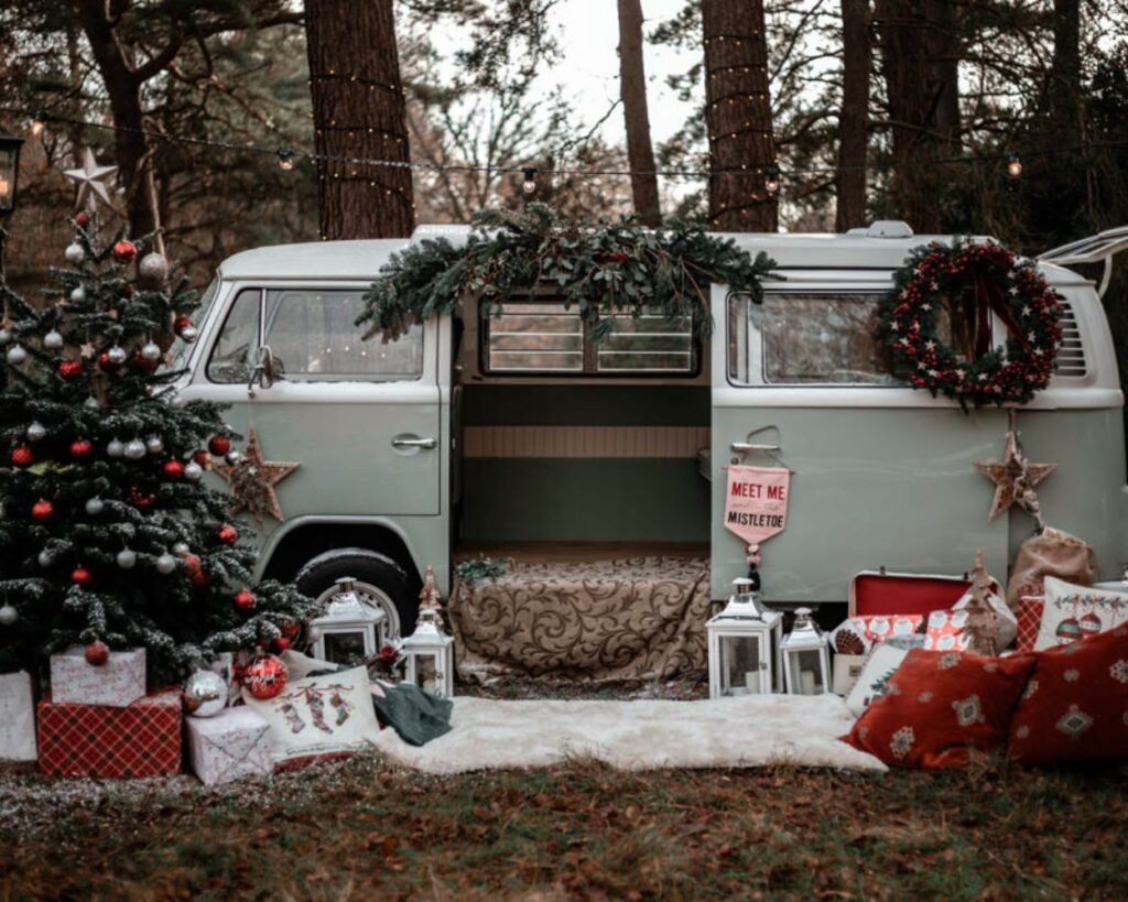 Vintage holiday magic camper Christmas wedding photobooth