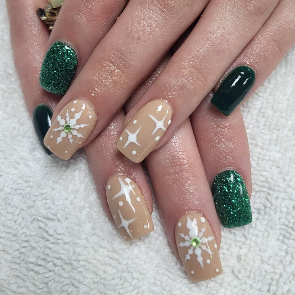 Yuletide cheer in hunter green and glitter with snowflake patterns