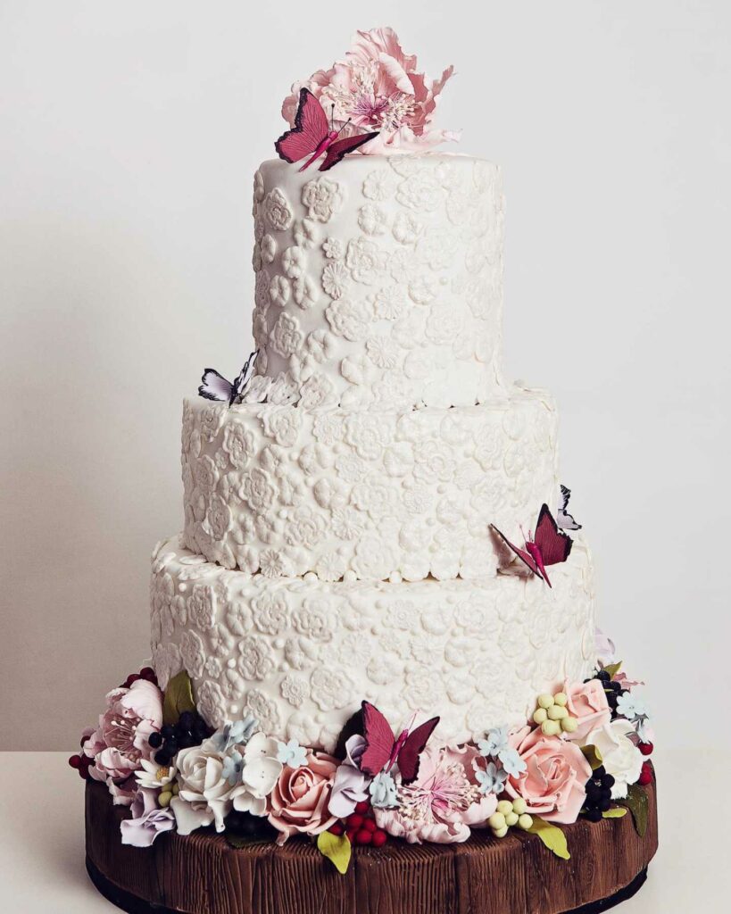 beautiful textured floral and lace winter wedding cake