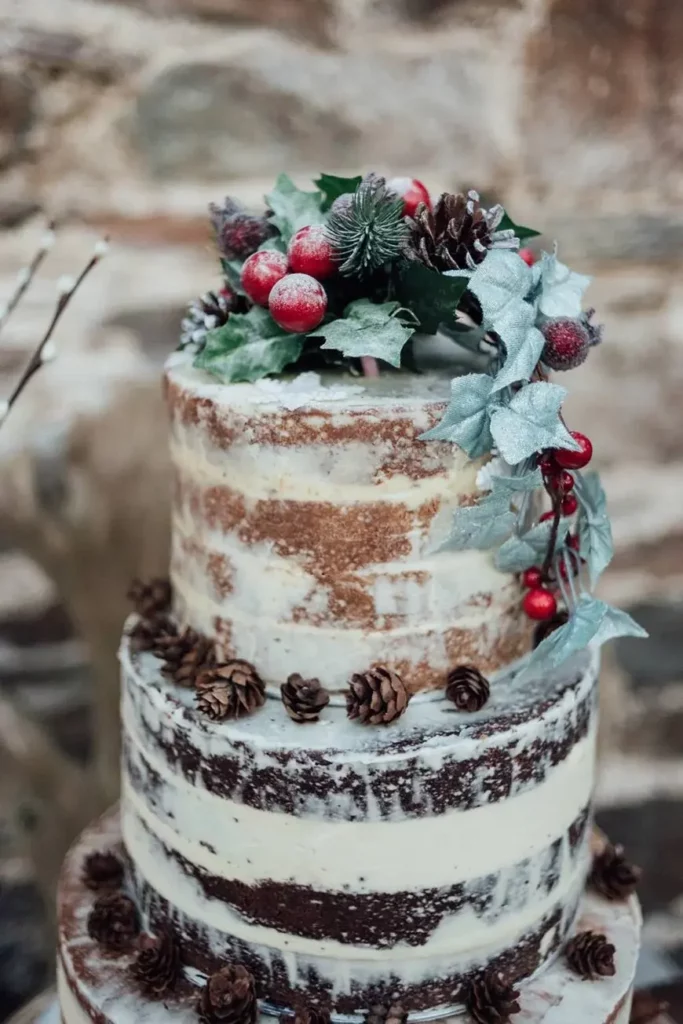berry and pinecone winter wedding semi naked cake