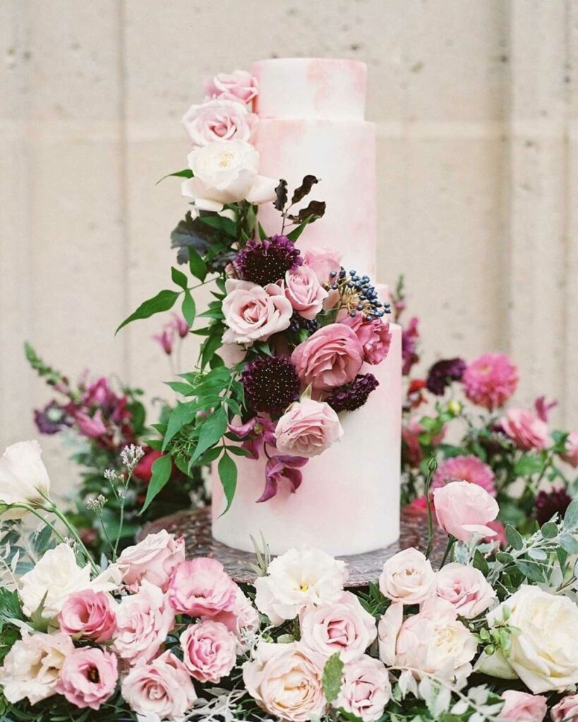 blush and moody florals winter theme wedding cake
