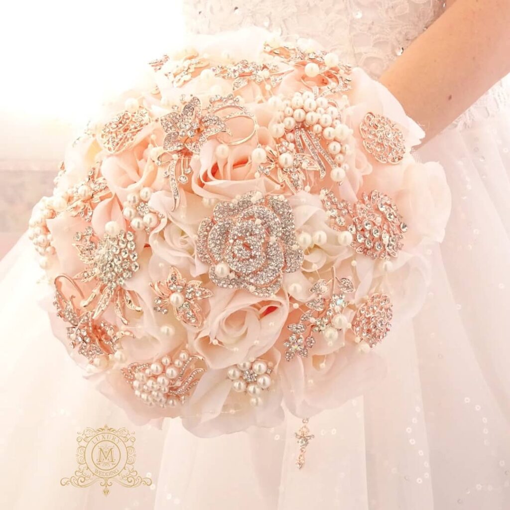 blush pink and pearls brooch silk bouquet