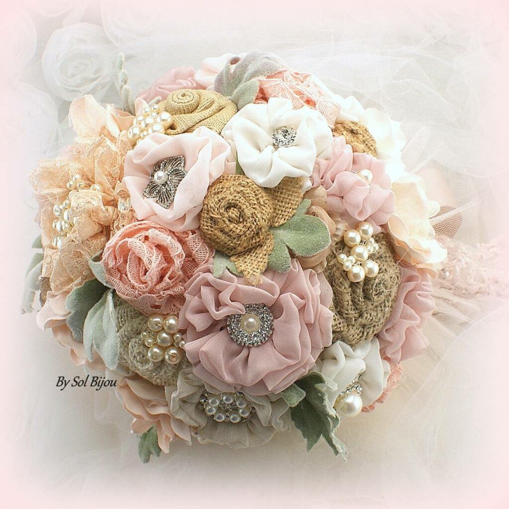 brooch vintage bouquet in rose, green and champagne with burlap