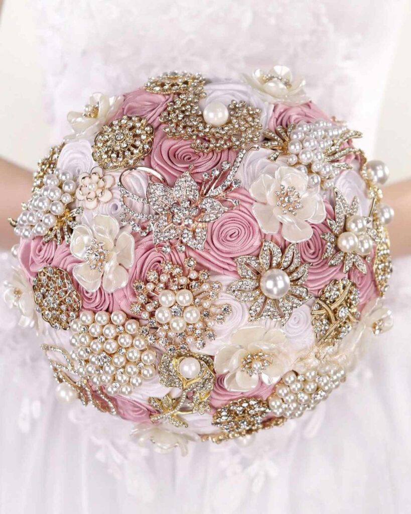 brooch wedding bouquet in blush pink and white roses