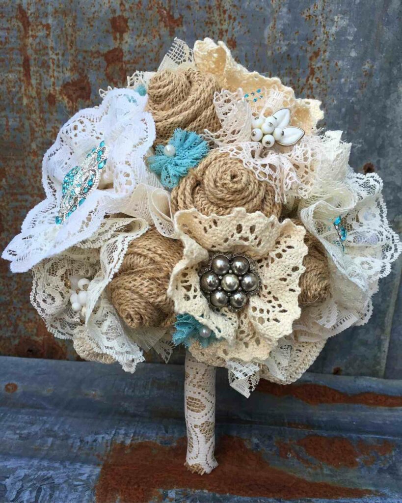 burlap, lace and fabric rustic wedding brooch bouquet