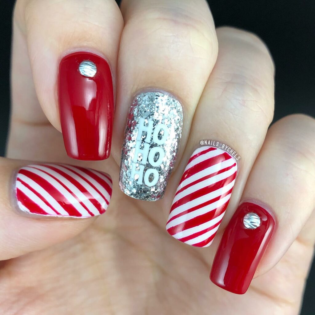 candy cane red and white Christmas nails art