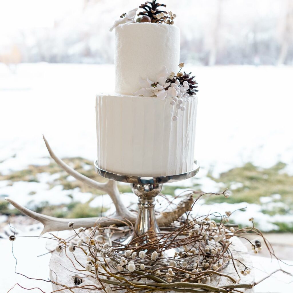 chic wedding cake for winter with frosted berries and florals