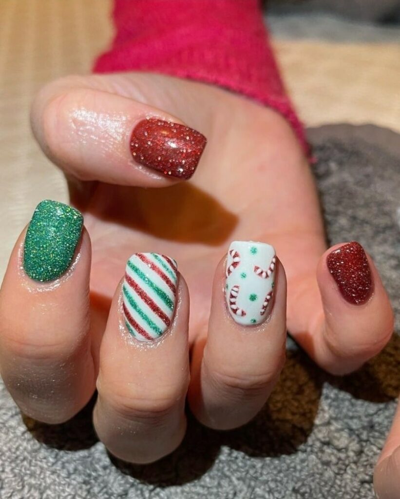 classic candy cane stripes and the sprinkle of Christmas elements in a red and green festive palette