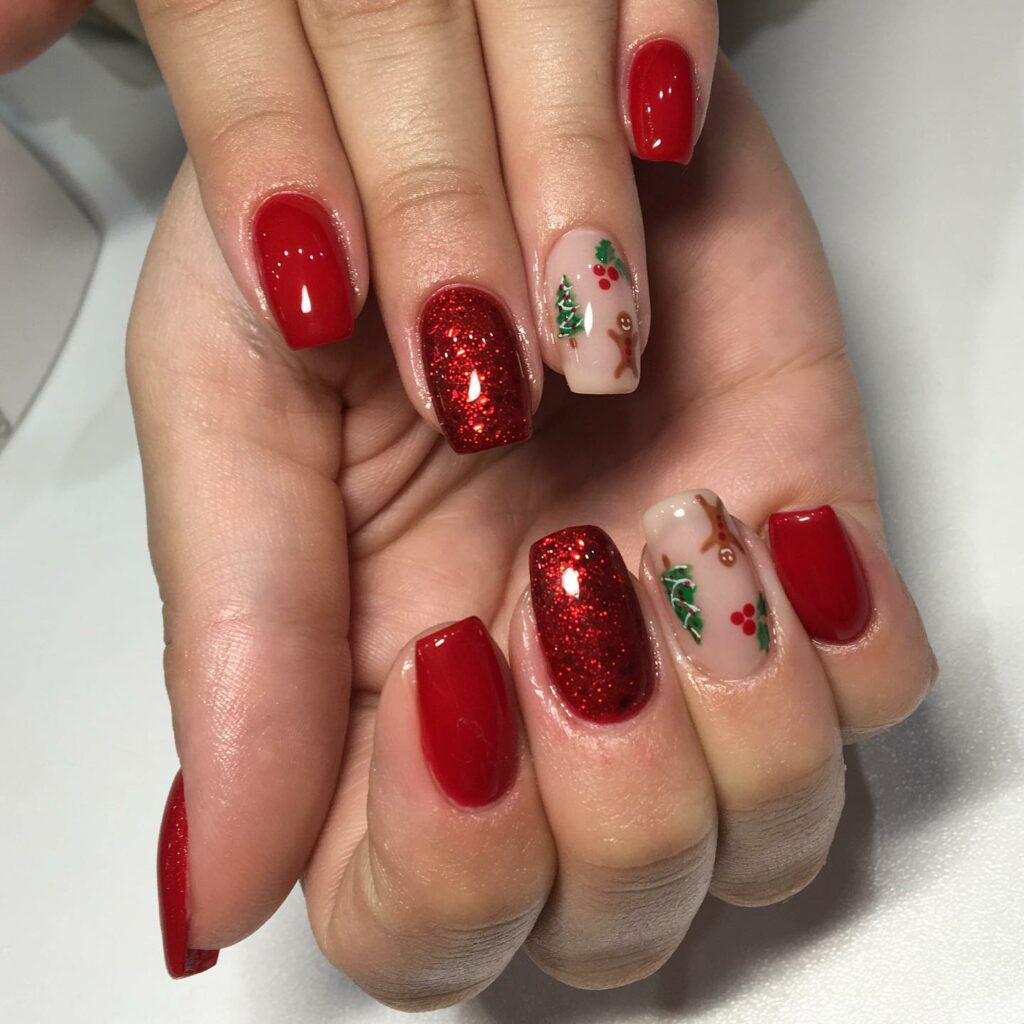 classic red gloss and glitter with subtle green Christmas nails for a touch of elegance