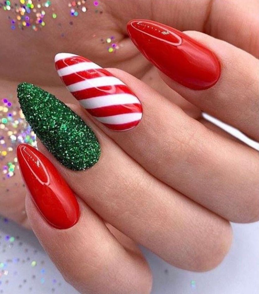 classic red white candy cane stripes and the festive green glitter Christmas nails ideas