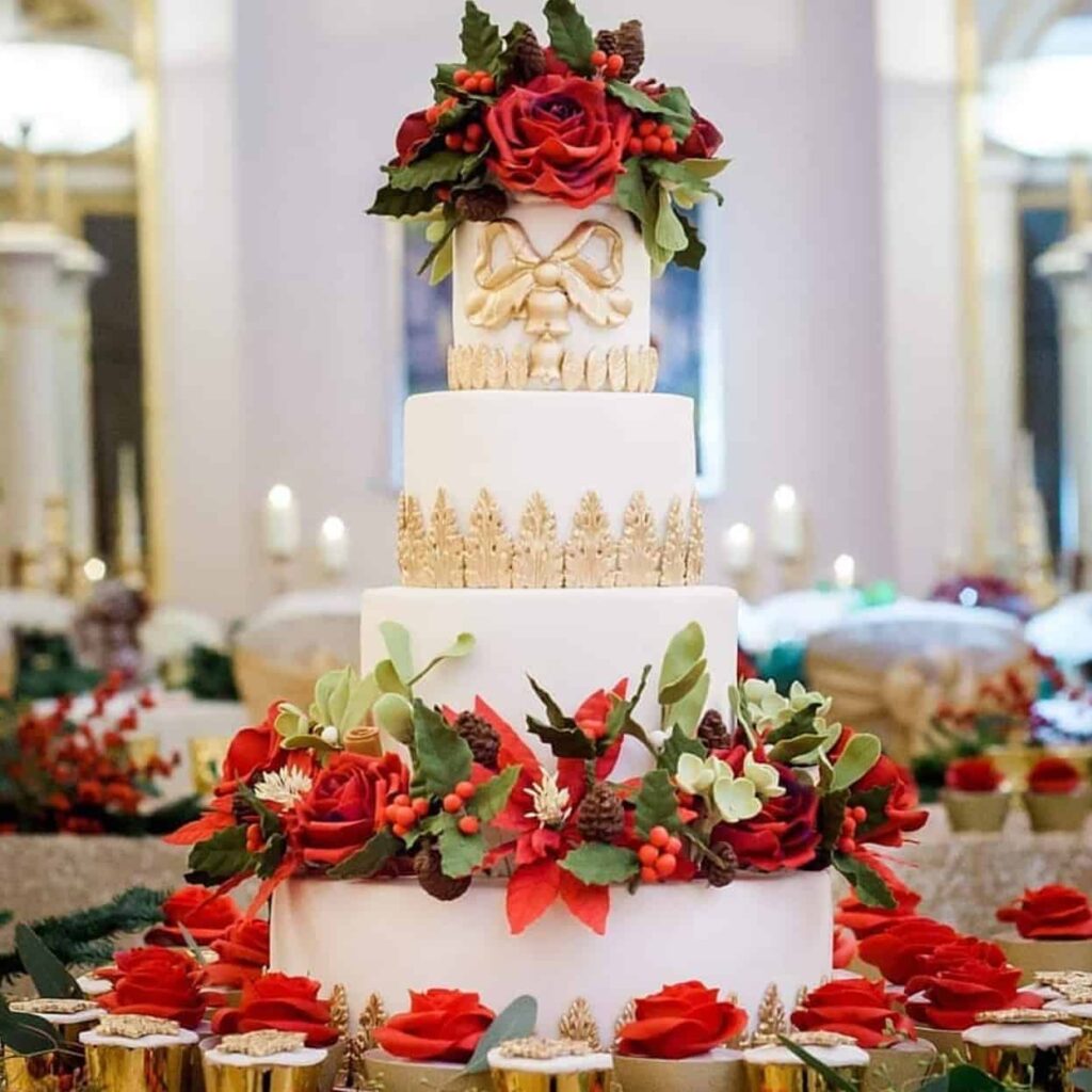 classic winter red velvet wedding cake with opulent florals