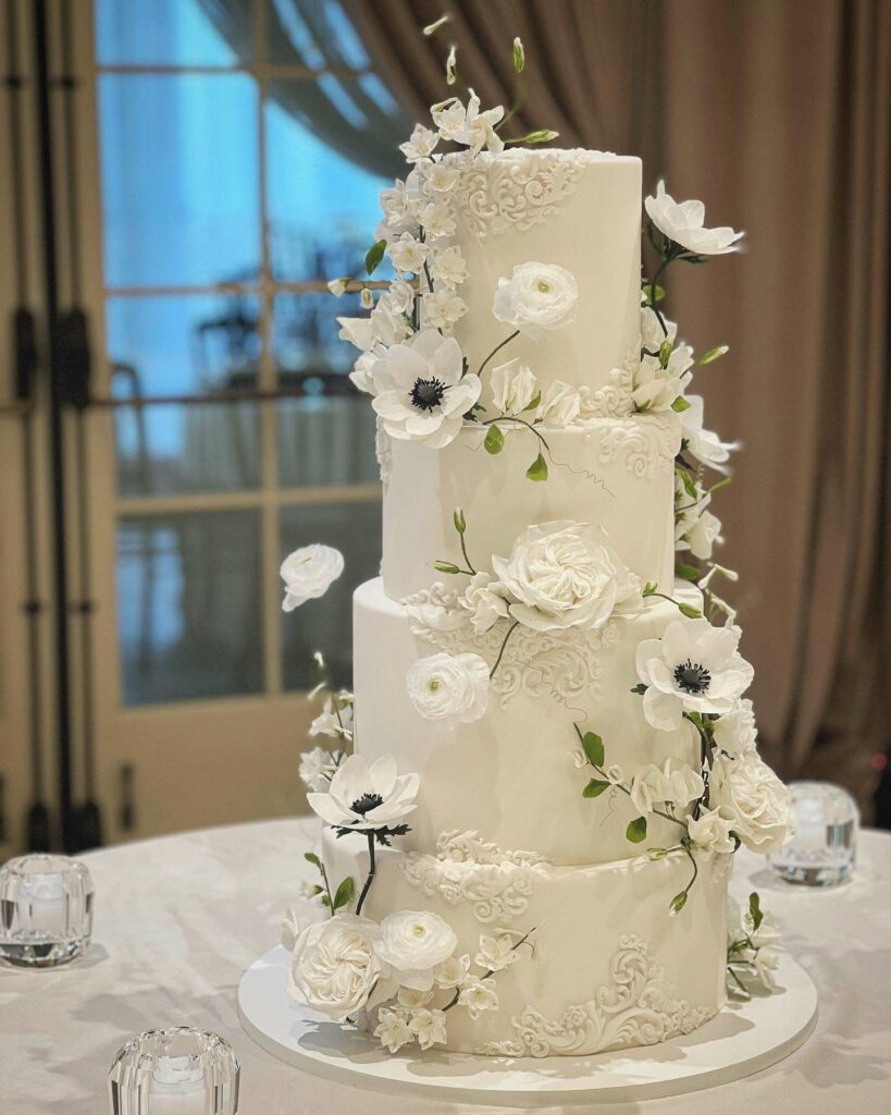 classic winter white wedding cake with edible flowers