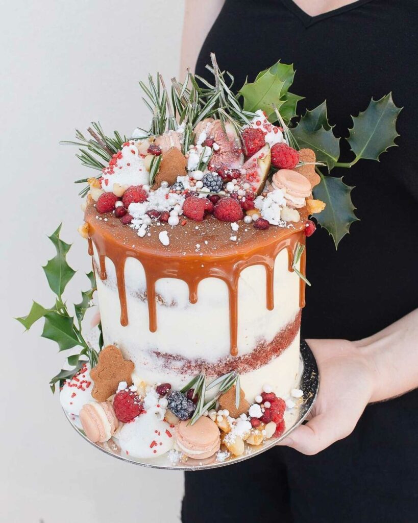 coconut, caramel and red velvet winter wedding single tier cake