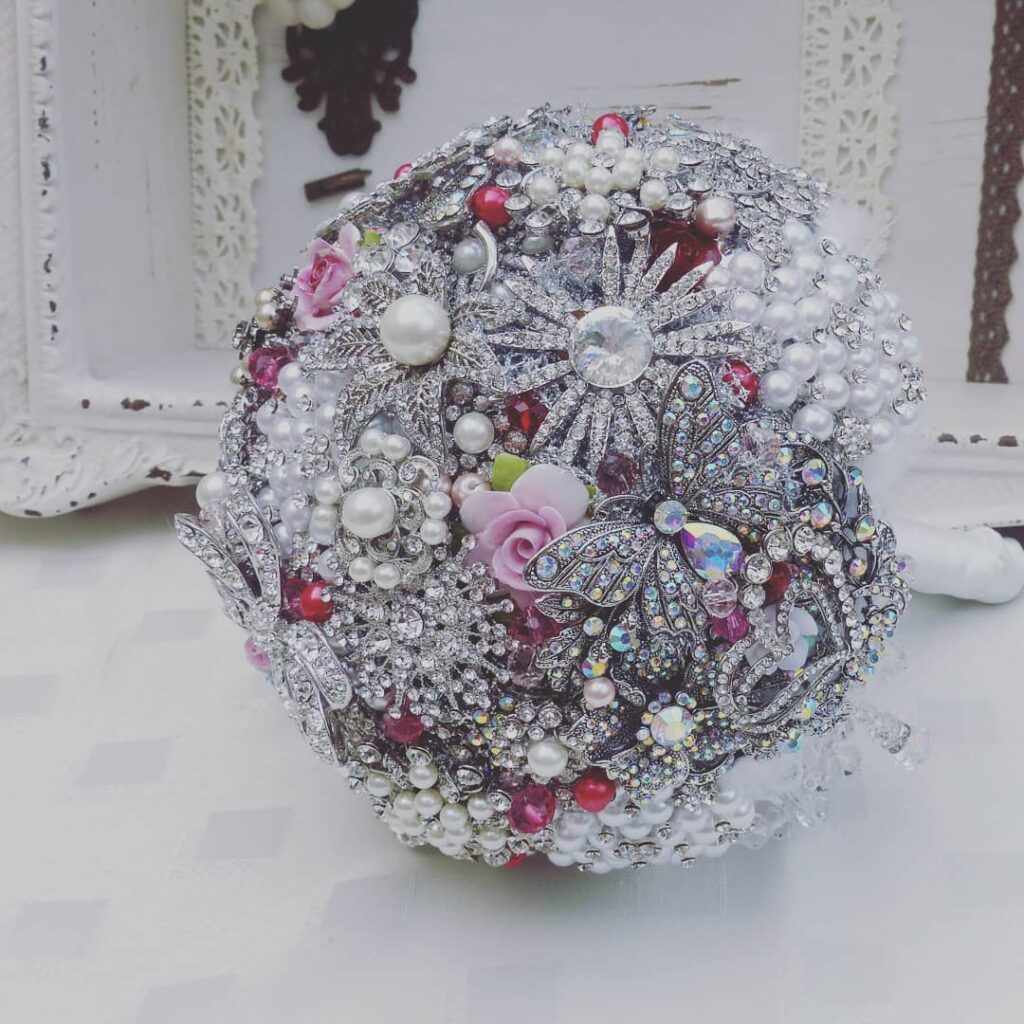 colorful and silver beads and pearls brooch bouquet