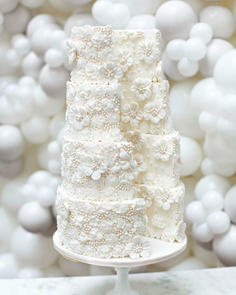 edible four tiered winter wedding cake with pearls