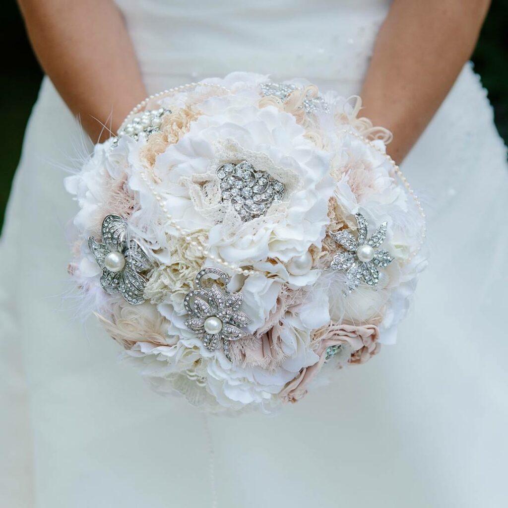 elegant pearl and floral brooch bouquet for wedding