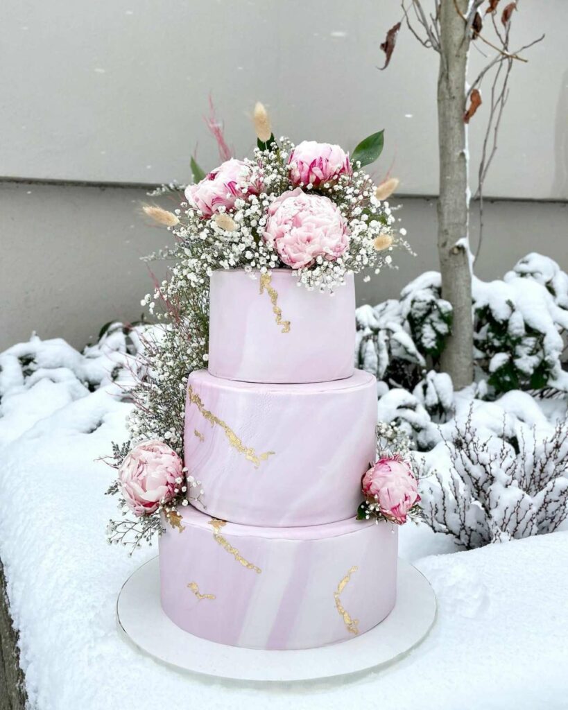 elegant pink peonies winter theme wedding cakes