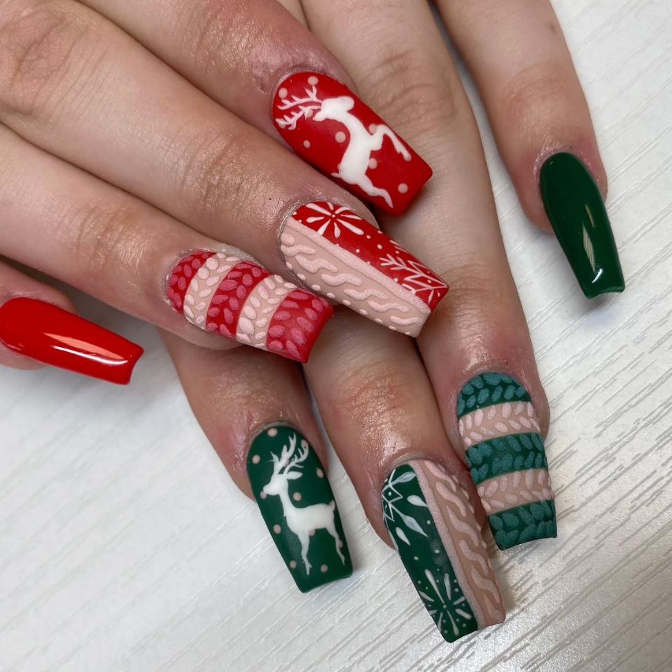 elegant reindeer silhouettes and the festive mix of patterns in a sophisticated red and green palette