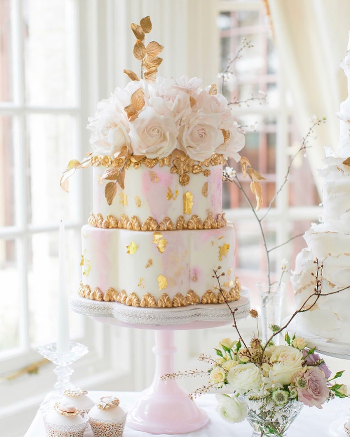 elegant winter pink and gold wedding cake