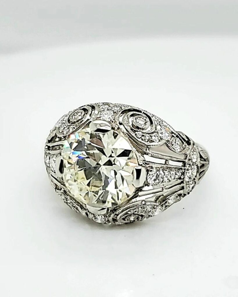 European cut diamond platinum vintage engagment ring