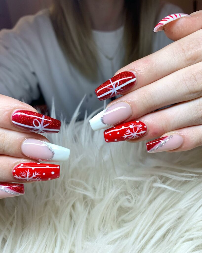 festive red and white Christmas nail design