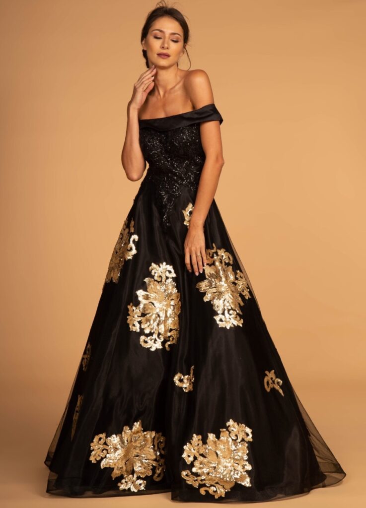 floral sequin embellished black and gold bridal ball gown
