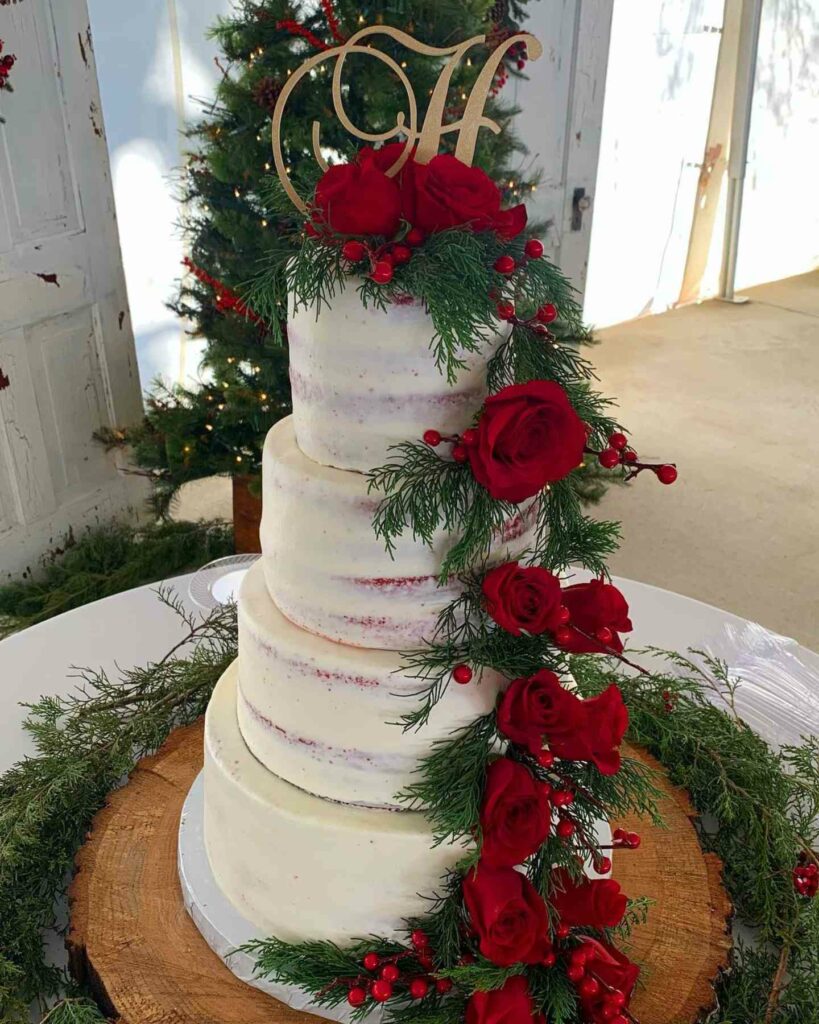 four tiered winter red blooms wedding cake