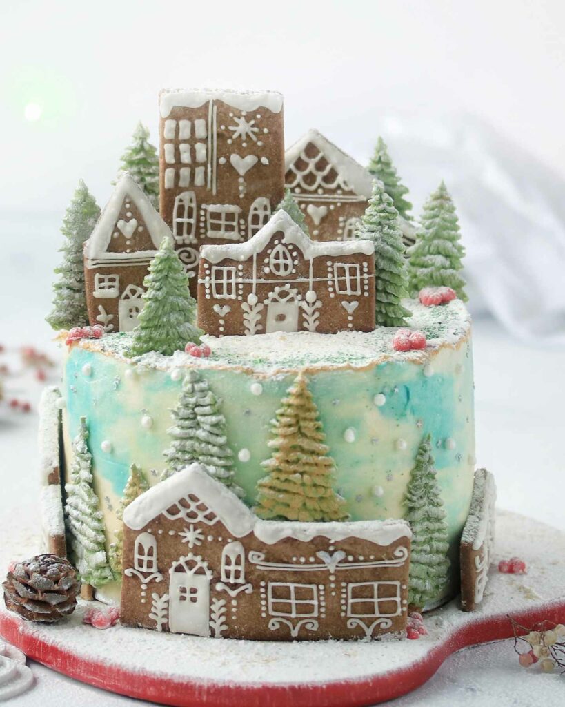 gingerbread village Christmas single tier winter wedding cake