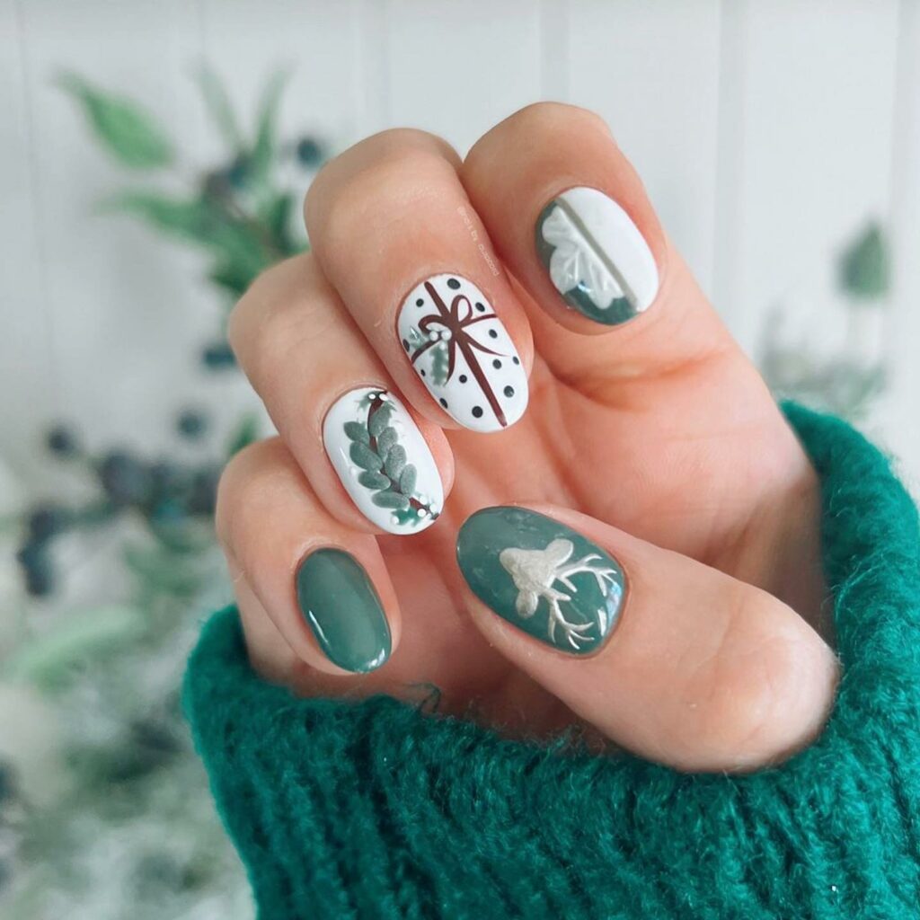 green and white with Christmas tree nail art