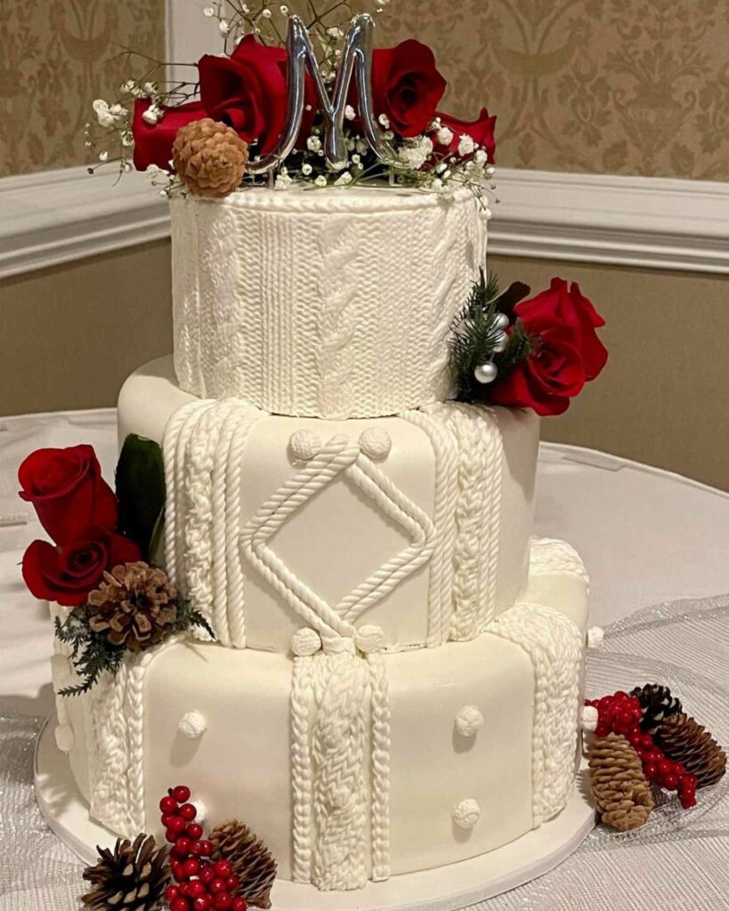 knit pattern winter wedding vibrant roses cake
