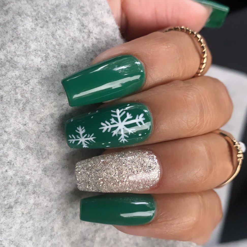 lush green and glitter snowflake Christmas nails