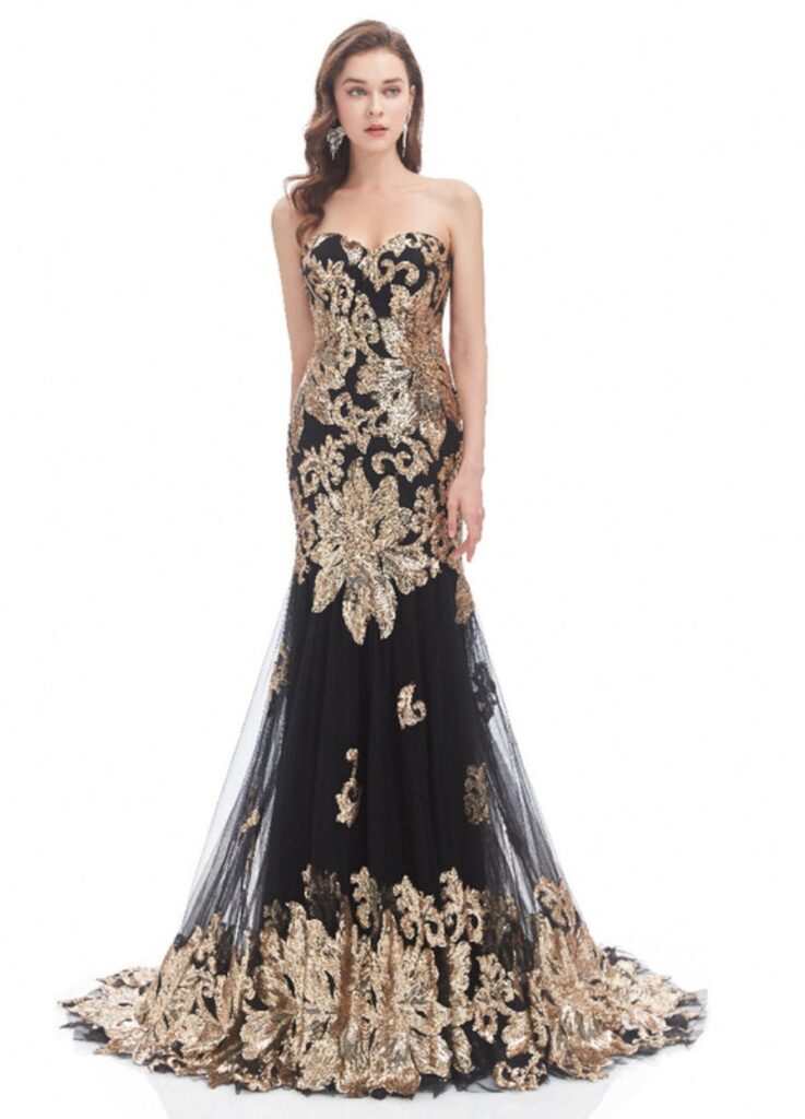 mermaid black and gold tulle sequin wedding dress