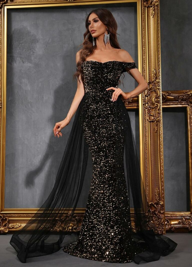 sparkly black dresses Sequin Bardot Bodycon Dress Going Out Party Outfit August Open Source Size:5XL Girl Is Standing In